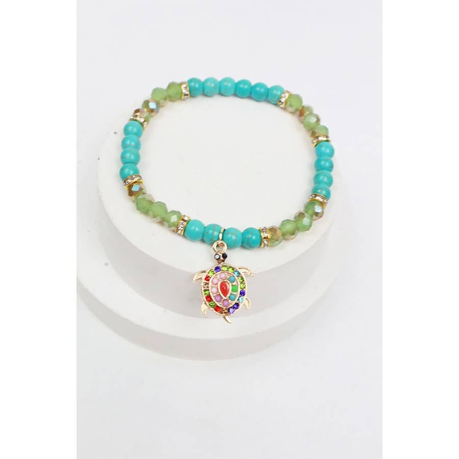 Rhinestone Turtle Charm Bead Bracelet