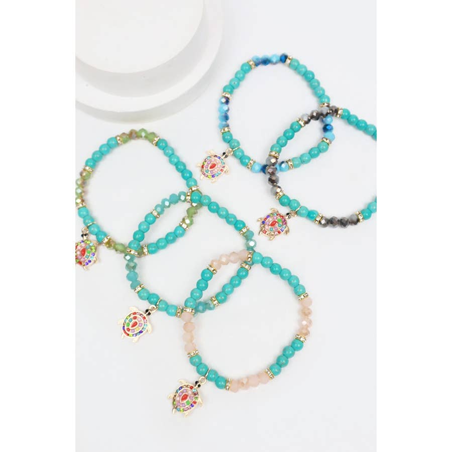 Rhinestone Turtle Charm Bead Bracelet