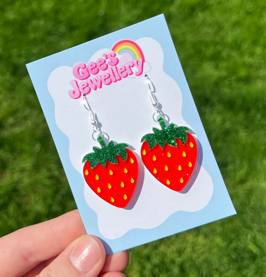 Glitter Strawberry Earrings - Handmade