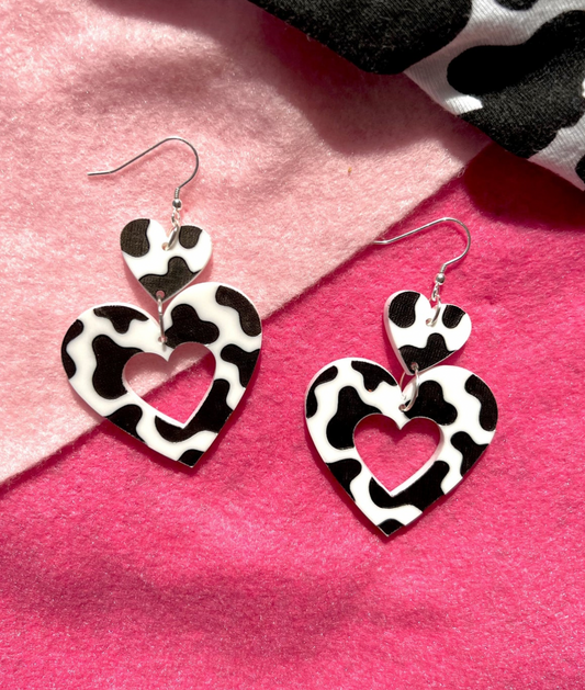 Cow Print Heart Earrings - Handmade
