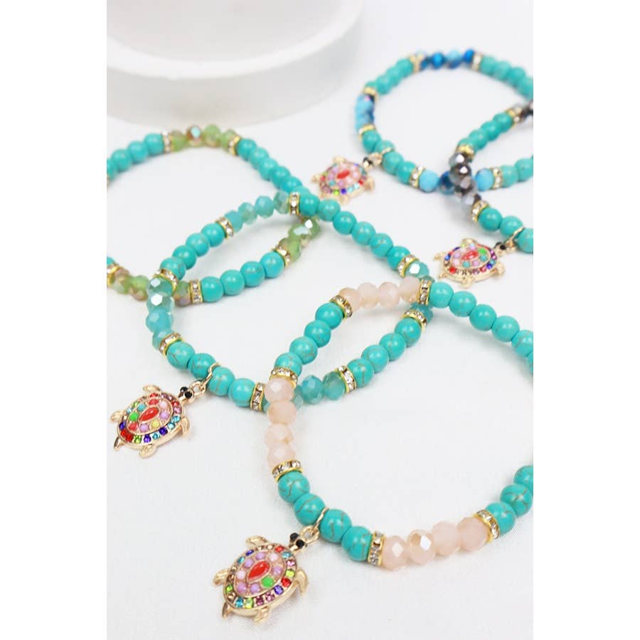 Rhinestone Turtle Charm Bead Bracelet