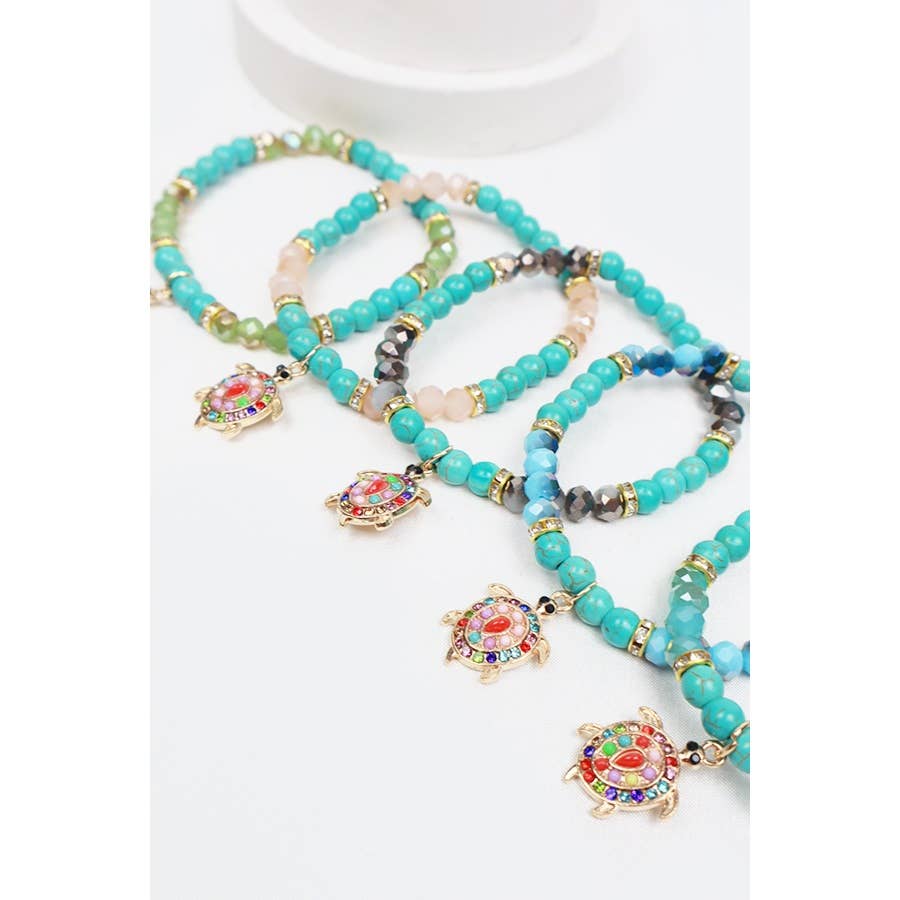 Rhinestone Turtle Charm Bead Bracelet