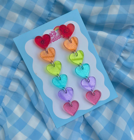Rainbow Heart Drop Glitter Earrings - Handmade
