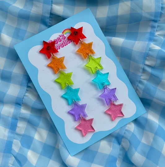 Rainbow Star Drop Glitter Earrings - Handmade