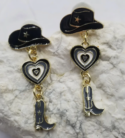 Black Retro Cowgirl Earrings - Handmade