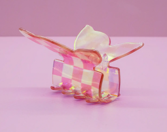 Pink Butterfly Claw Clip - Iridescent Checkerboard