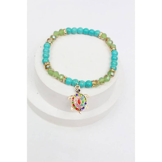 Rhinestone Turtle Charm Bead Bracelet