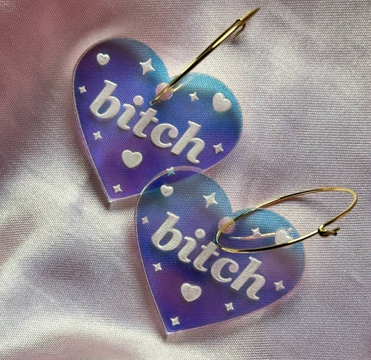 Iridescent Bitch Heart Hoop Earrings