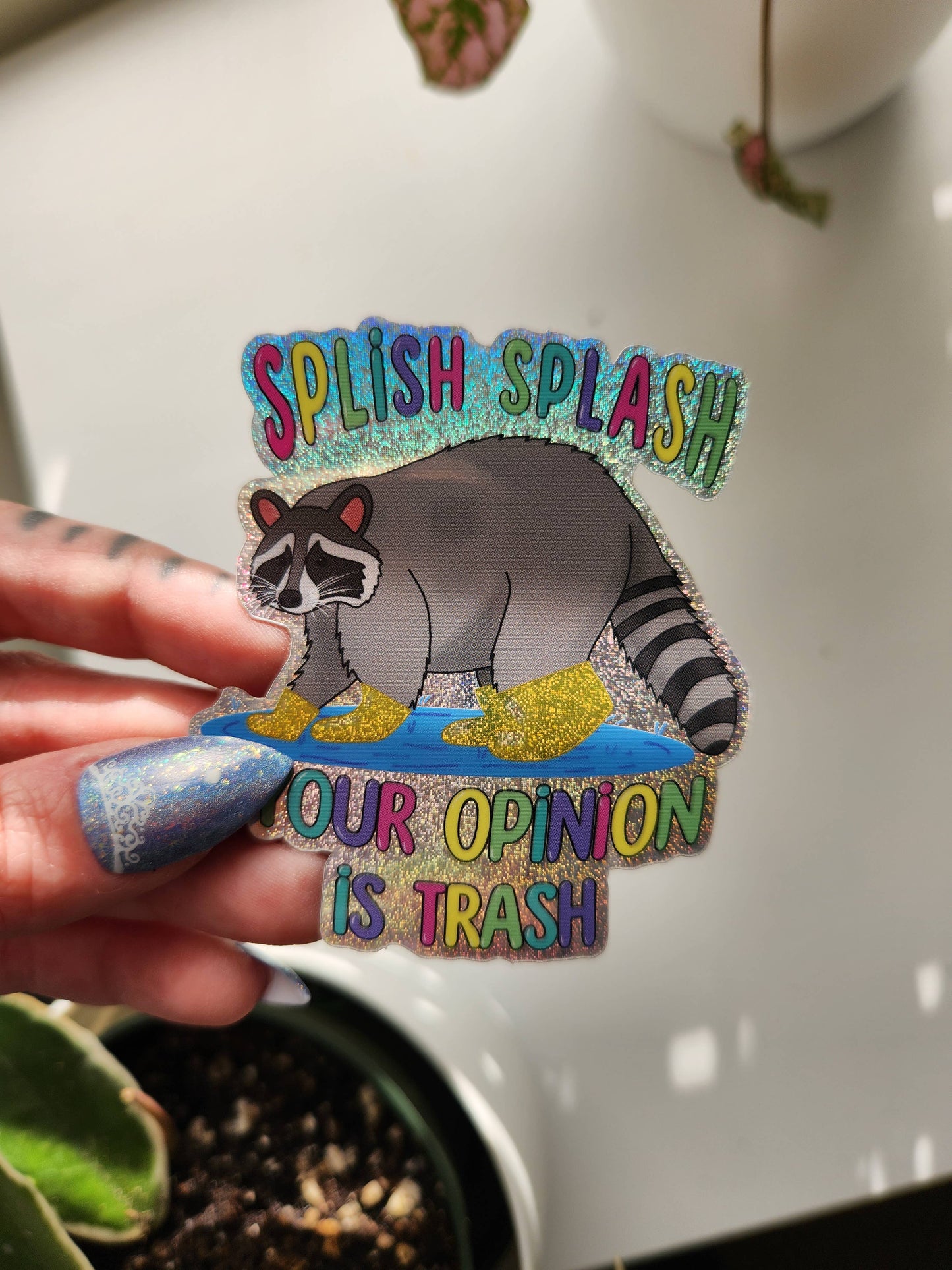 Splish Splash Your Opinion Is Trash Raccoon Sticker, 2.5x2.8