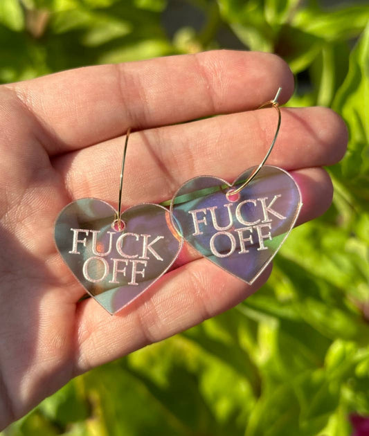 Fuck Off Iridescent Heart Hoop Earrings