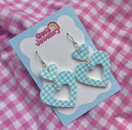 Gingham Blue Heart Earrings - Handmade