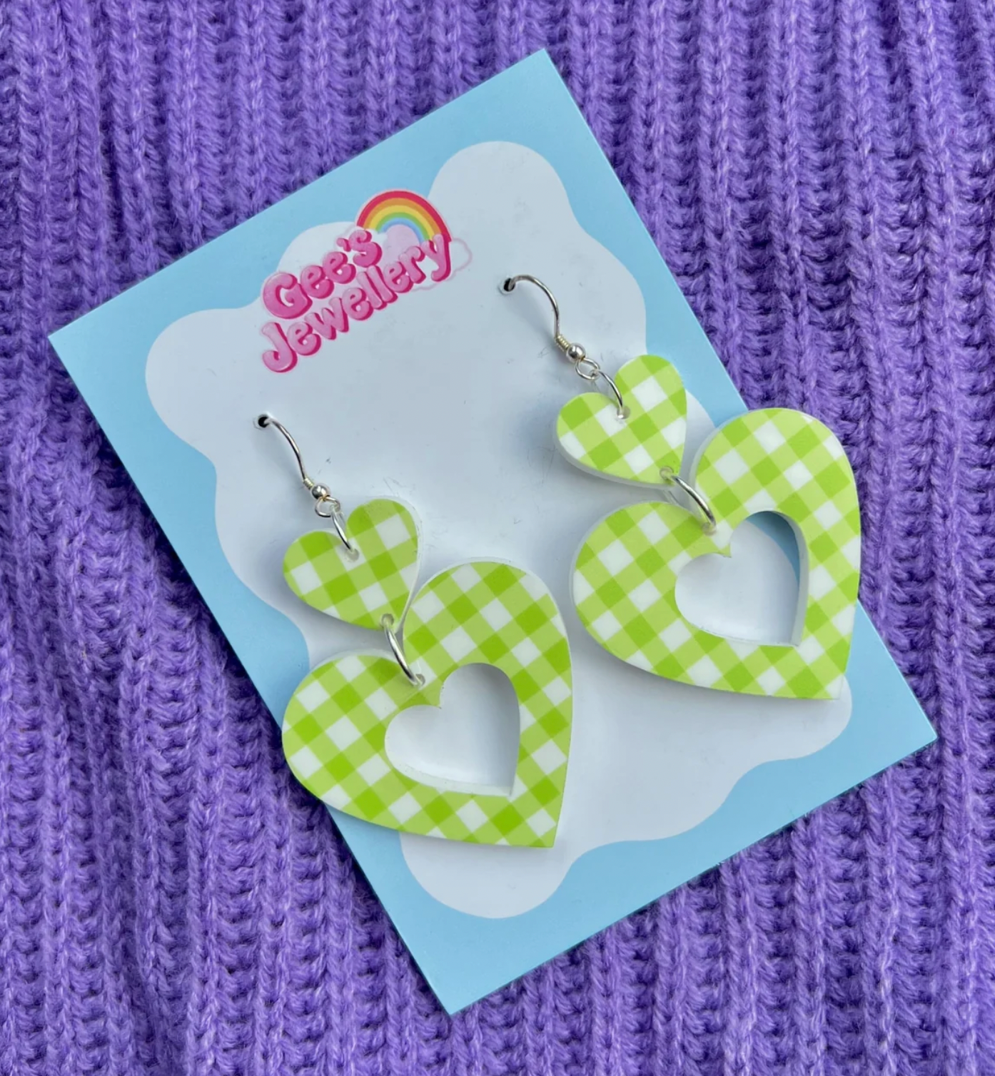 Gingham Green Heart Earrings - Handmade