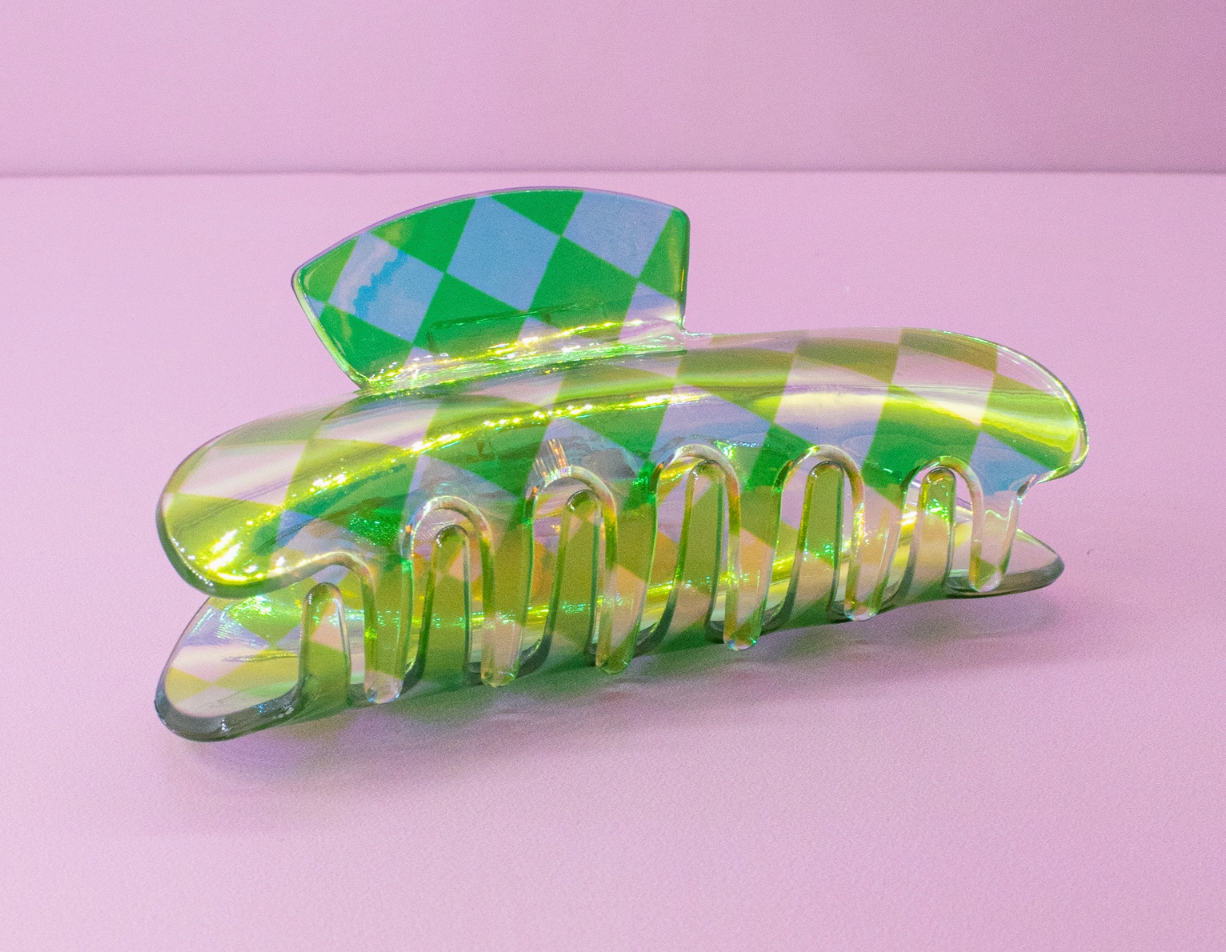 Round Iridescent Checkered Hair Claw Clip