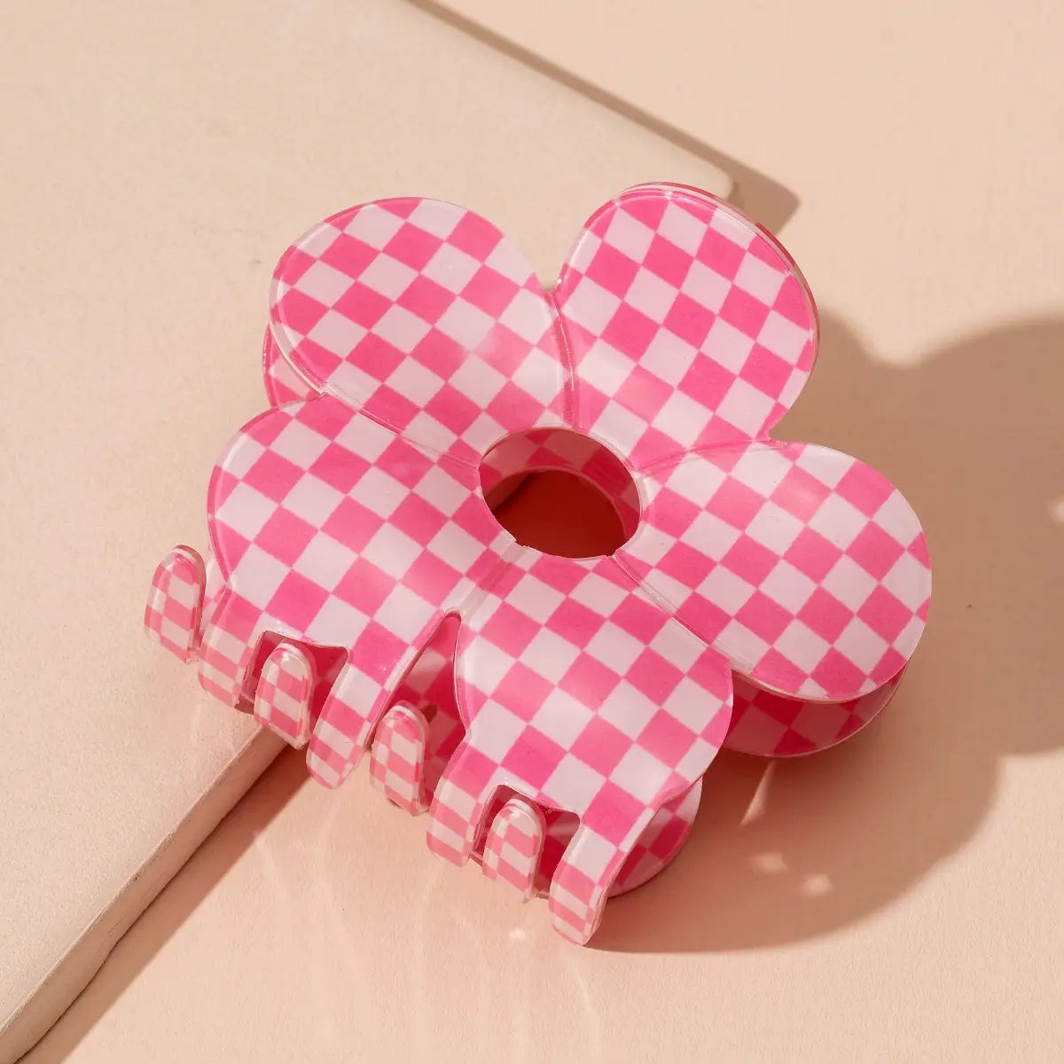 Pink Checkered Flower Hair Claw