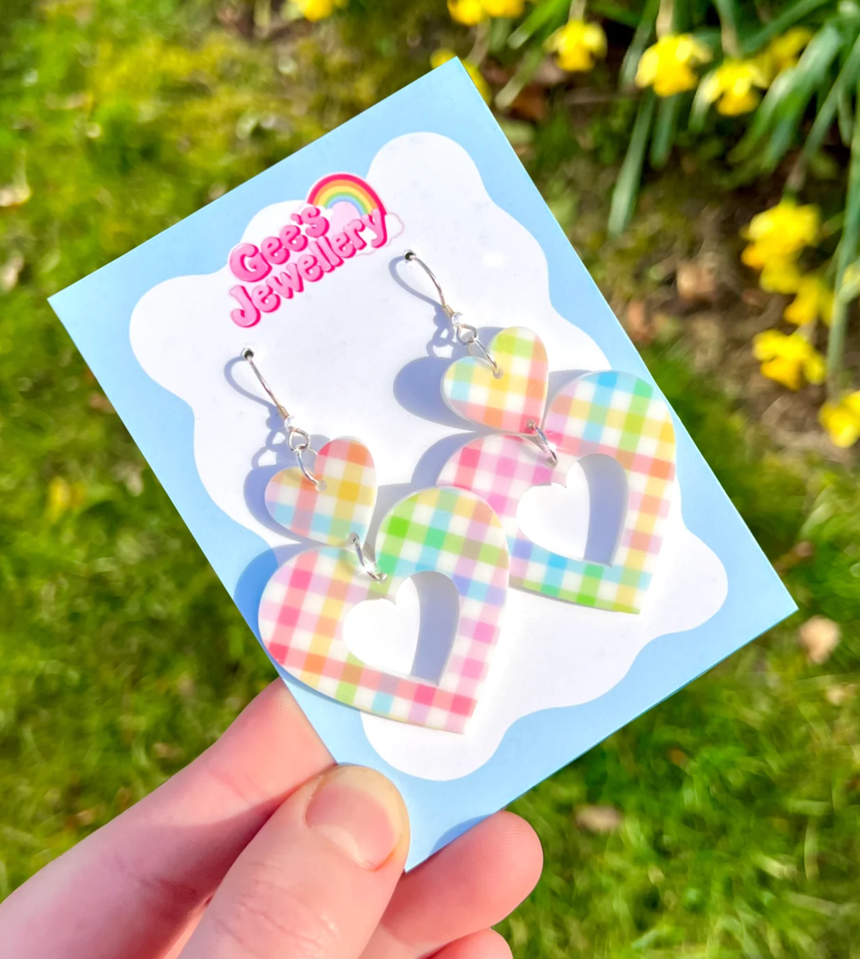 Gingham Rainbow Heart Earrings - Handmade