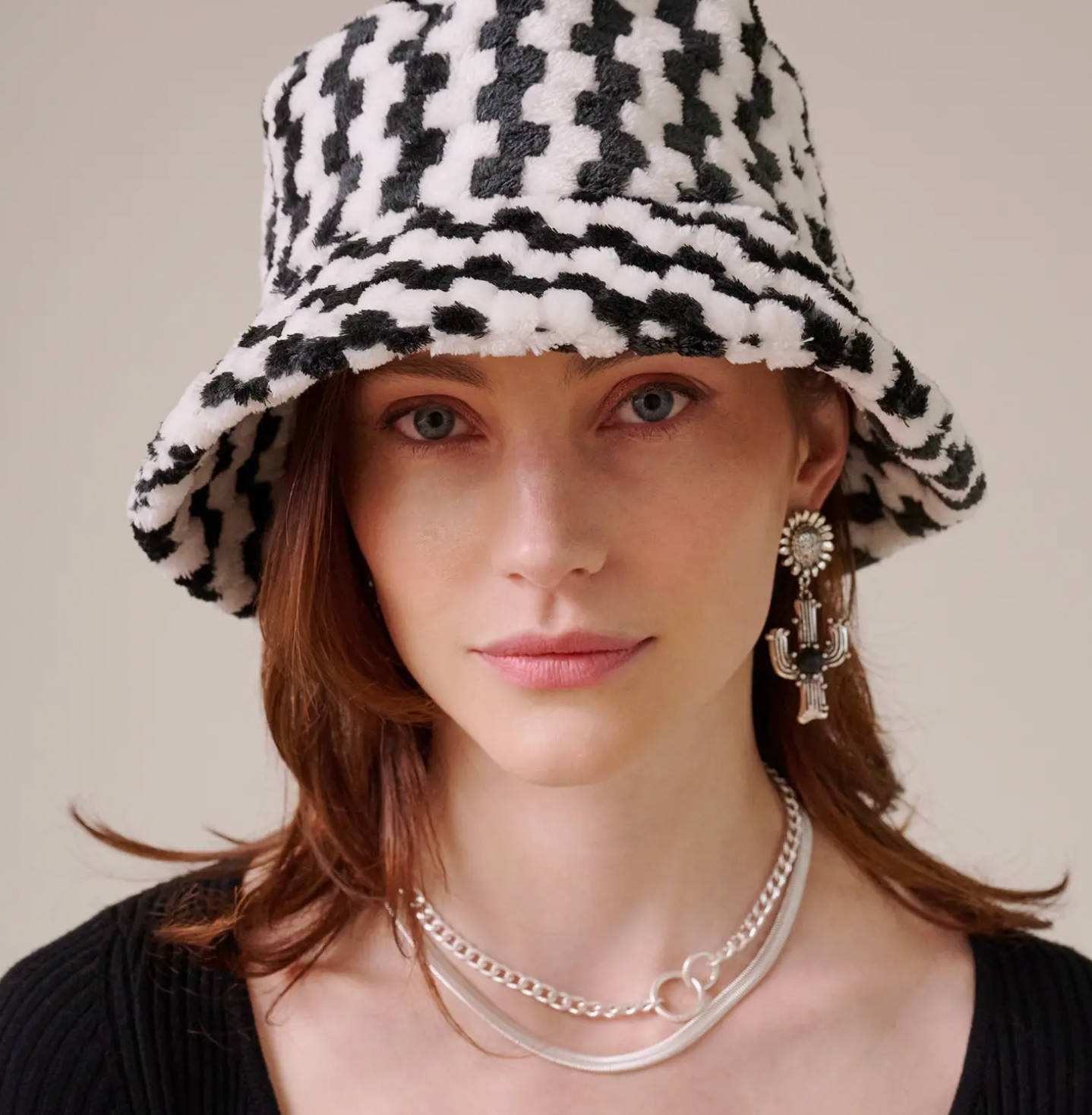 Black Check Print Faux Fur Bucket Hat