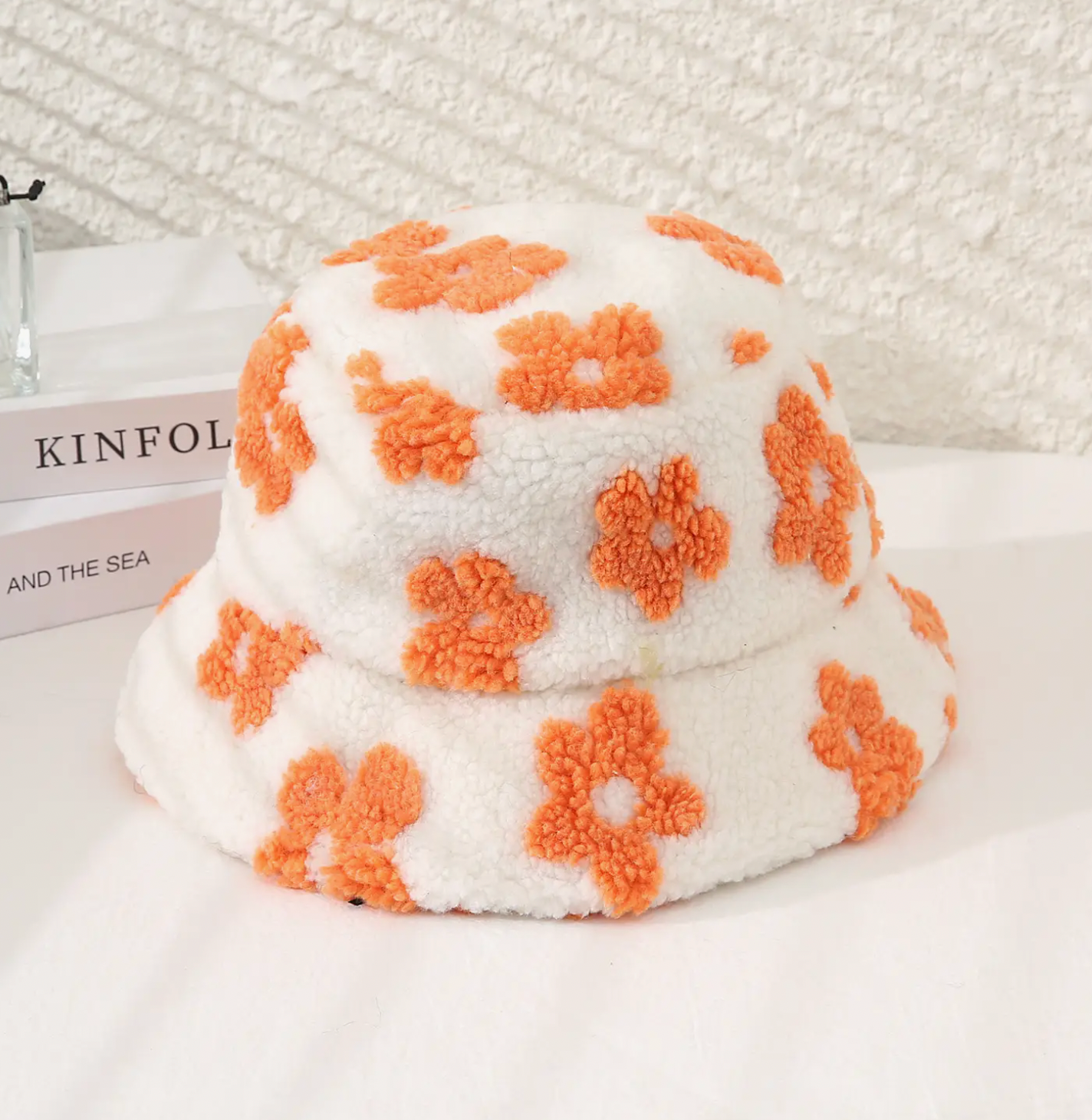 Orange Floral Teddy Fur Bucket Hat