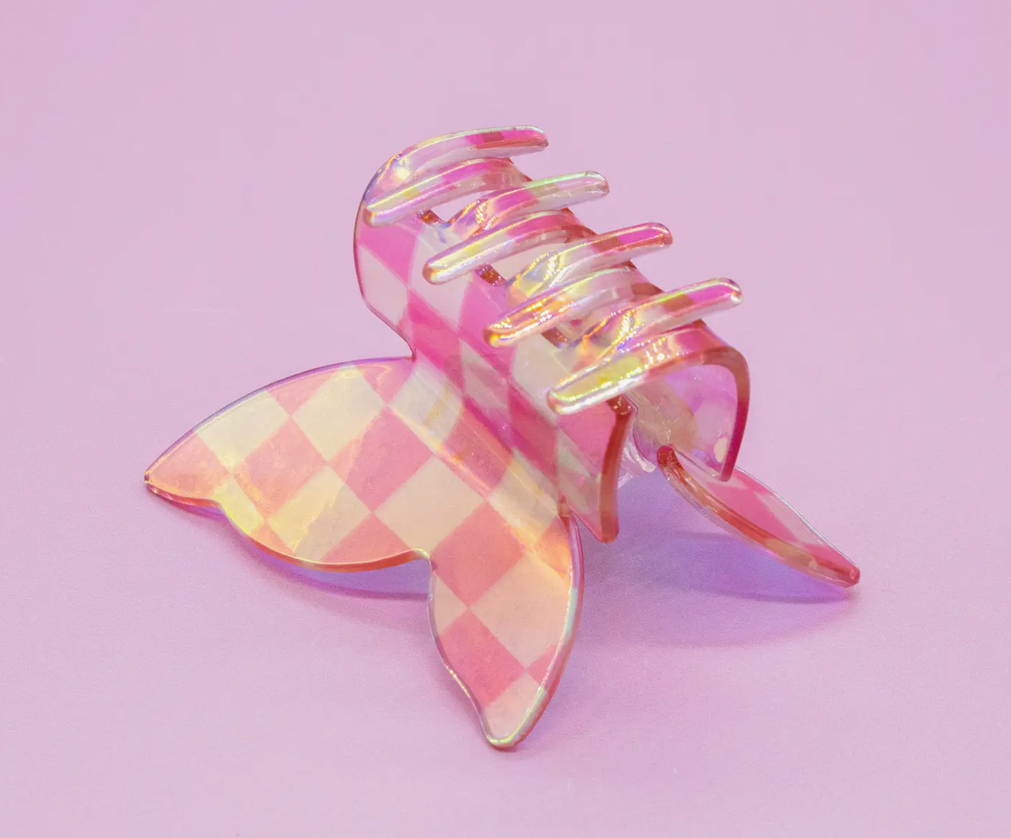 Pink Butterfly Claw Clip - Iridescent Checkerboard