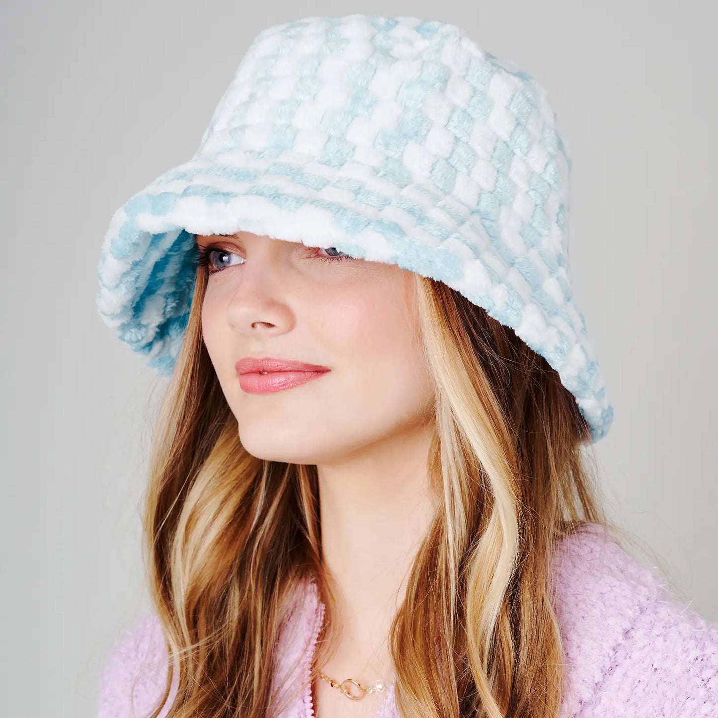 Blue Check Print Faux Fur Bucket Hat